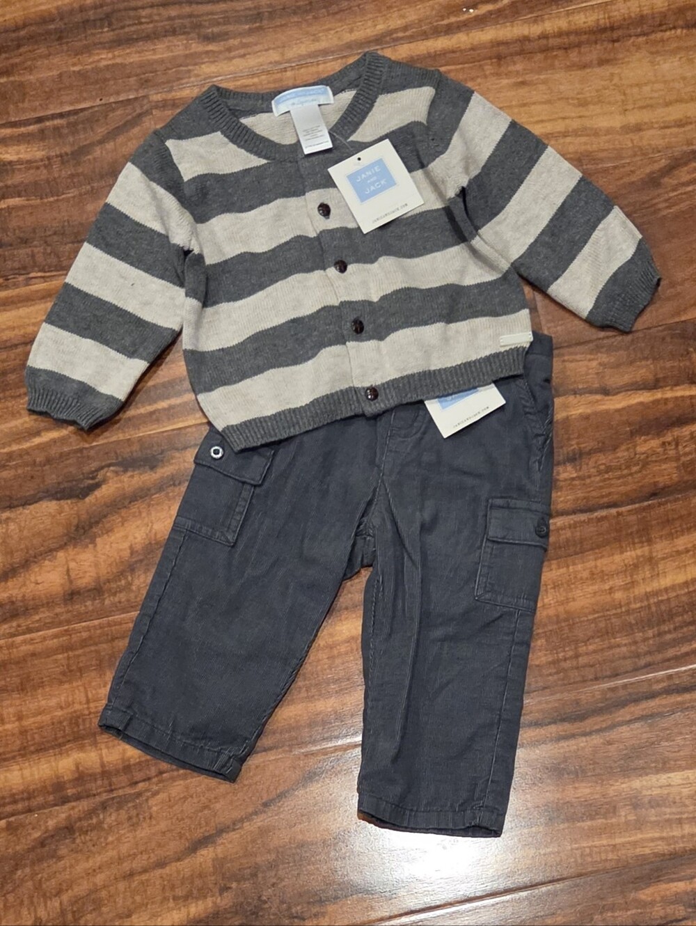 Janie and Jack NWT 6-12 Months Gray/Tan Striped Sweater and Corduroy Pants